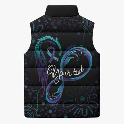 Personalized Australia Indigenous Infinity Heart Sleeveless Puffer Jacket Purple Teal Ribbon You Are Not Alone