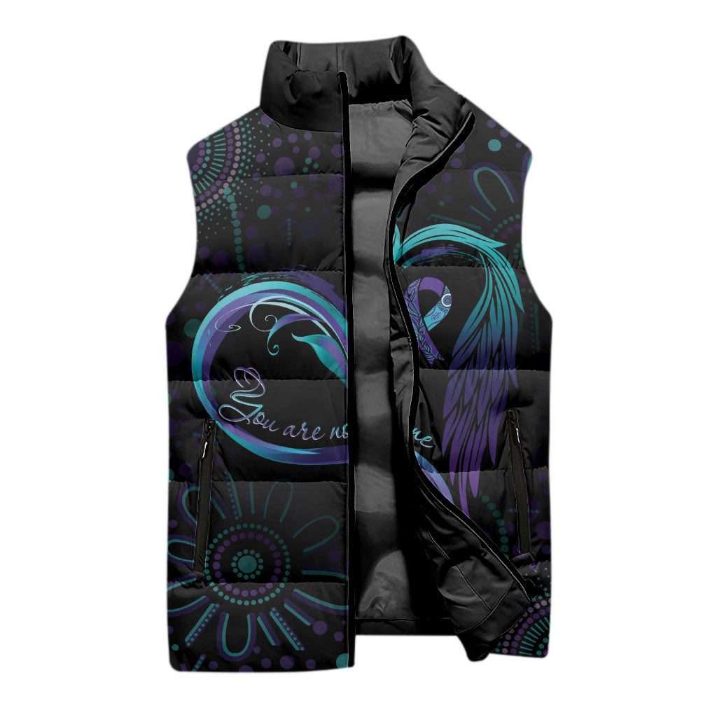 Personalized Australia Indigenous Infinity Heart Sleeveless Puffer Jacket Purple Teal Ribbon You Are Not Alone
