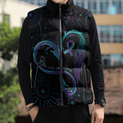Personalized Australia Indigenous Infinity Heart Sleeveless Puffer Jacket Purple Teal Ribbon You Are Not Alone
