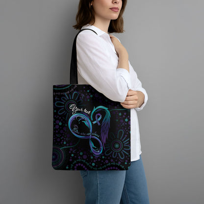 Personalized Australia Indigenous Infinity Heart Tote Bag Purple Teal Ribbon You Are Not Alone
