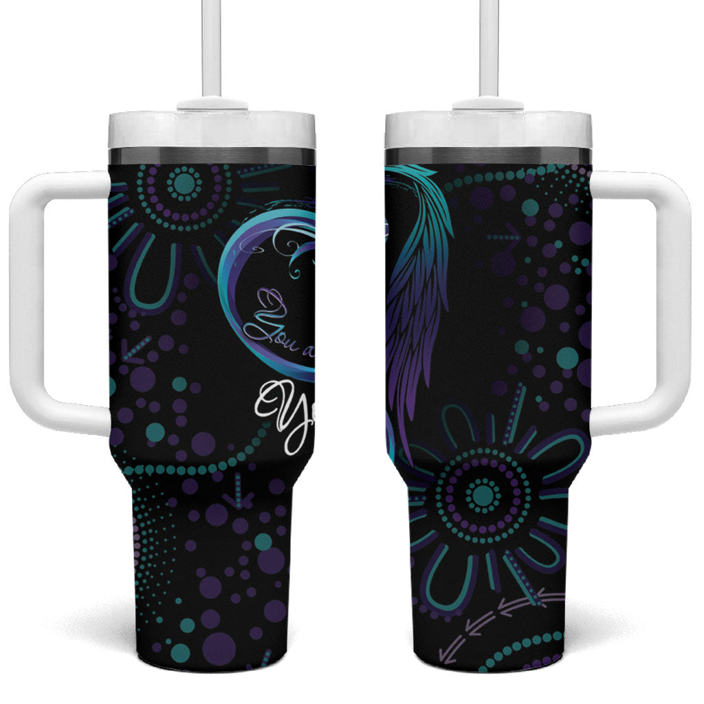 Personalized Australia Indigenous Infinity Heart Tumbler With Handle Purple Teal Ribbon You Are Not Alone