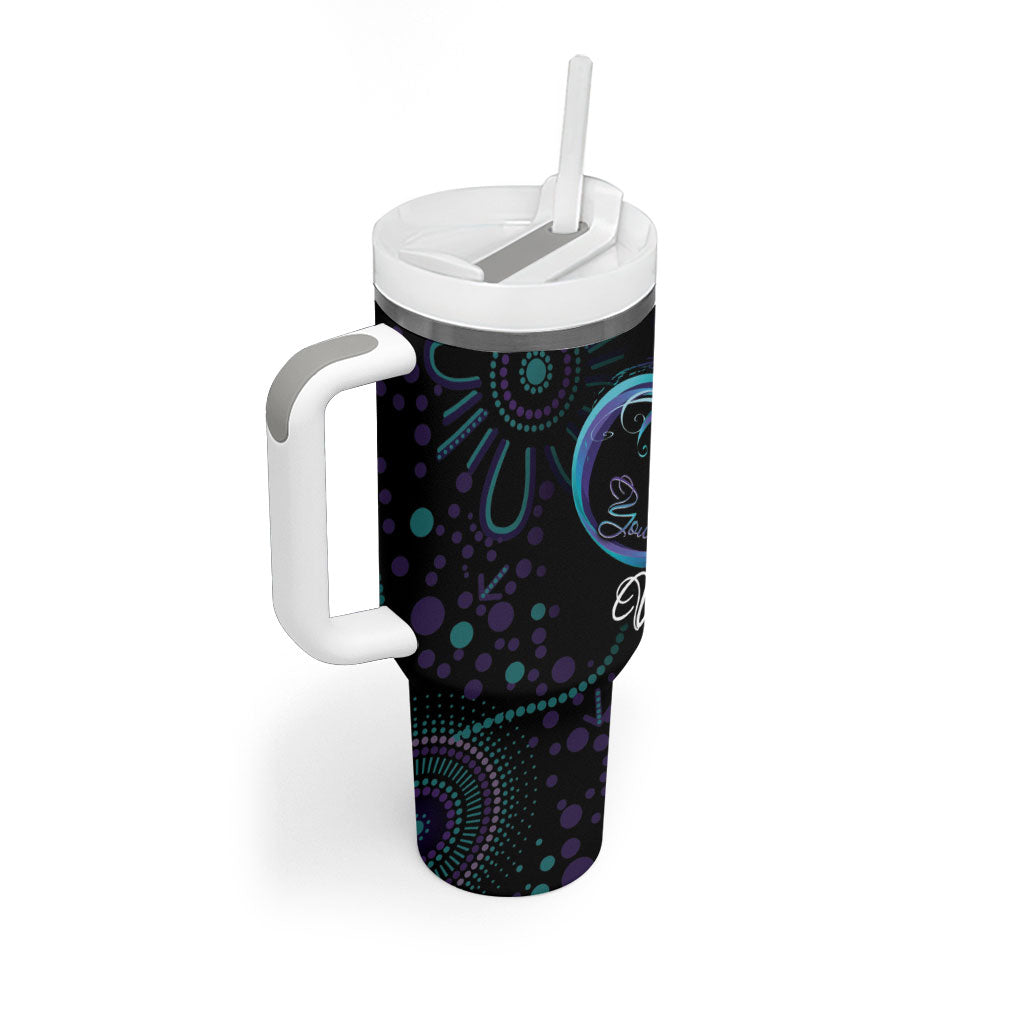 Personalized Australia Indigenous Infinity Heart Tumbler With Handle Purple Teal Ribbon You Are Not Alone