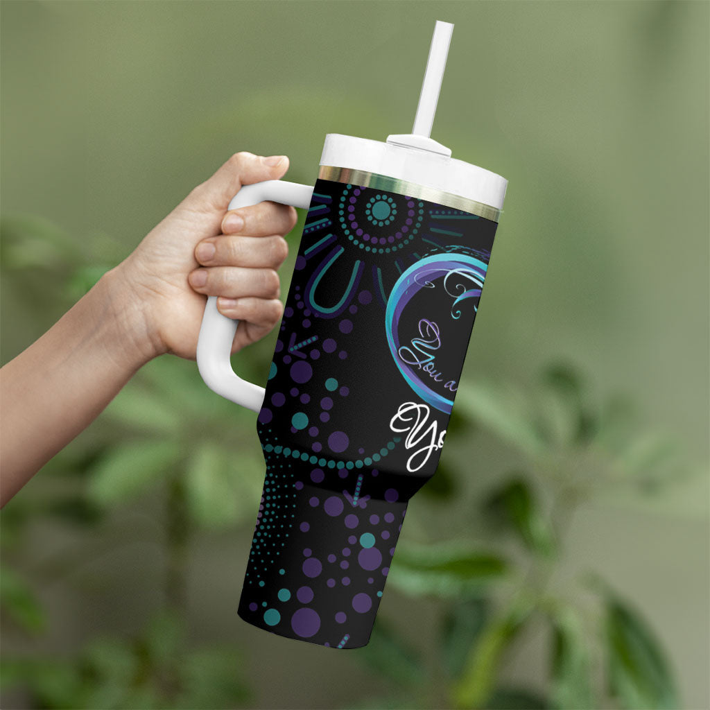 Personalized Australia Indigenous Infinity Heart Tumbler With Handle Purple Teal Ribbon You Are Not Alone