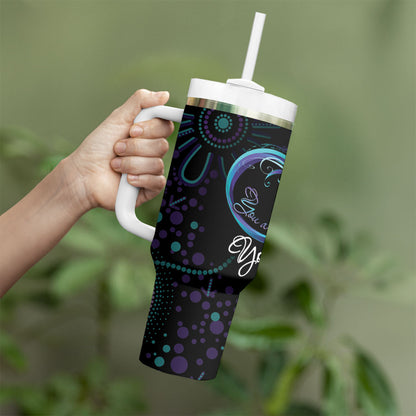Personalized Australia Indigenous Infinity Heart Tumbler With Handle Purple Teal Ribbon You Are Not Alone