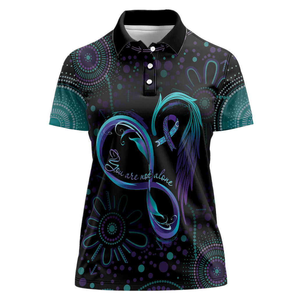 Personalized Australia Indigenous Infinity Heart Women Polo Shirt Purple Teal Ribbon You Are Not Alone