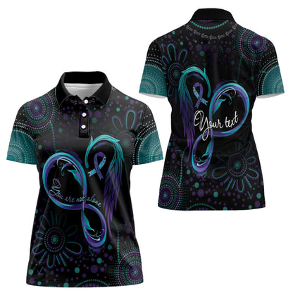 Personalized Australia Indigenous Infinity Heart Women Polo Shirt Purple Teal Ribbon You Are Not Alone