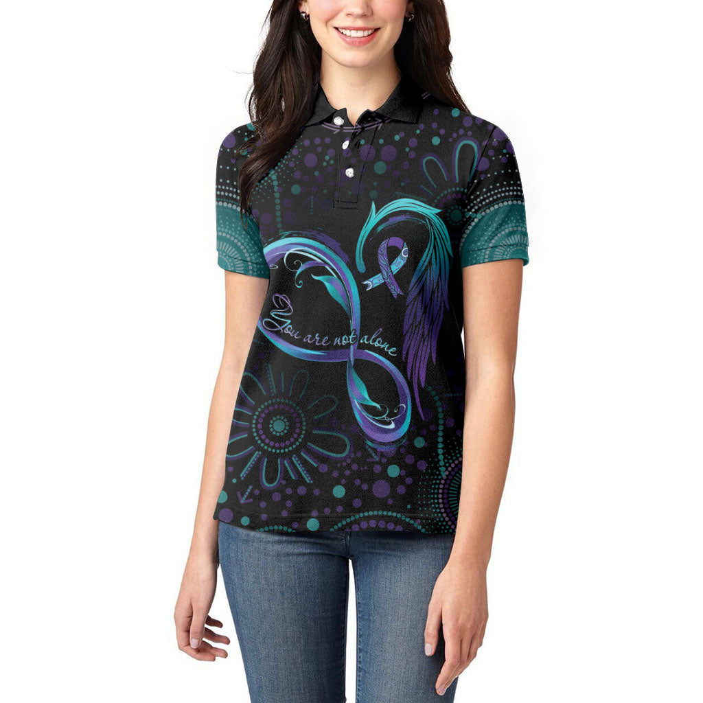 Personalized Australia Indigenous Infinity Heart Women Polo Shirt Purple Teal Ribbon You Are Not Alone
