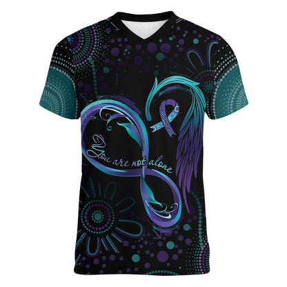 Personalized Australia Indigenous Infinity Heart Women V-Neck T-Shirt Purple Teal Ribbon You Are Not Alone