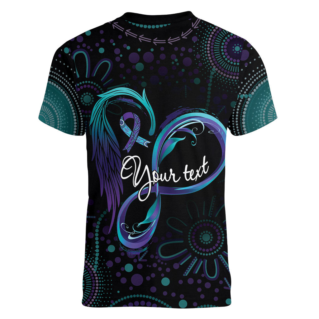 Personalized Australia Indigenous Infinity Heart Women V-Neck T-Shirt Purple Teal Ribbon You Are Not Alone