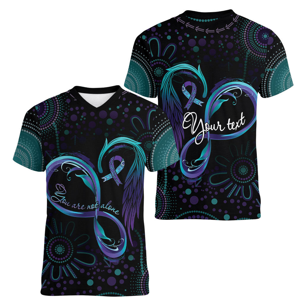 Personalized Australia Indigenous Infinity Heart Women V-Neck T-Shirt Purple Teal Ribbon You Are Not Alone