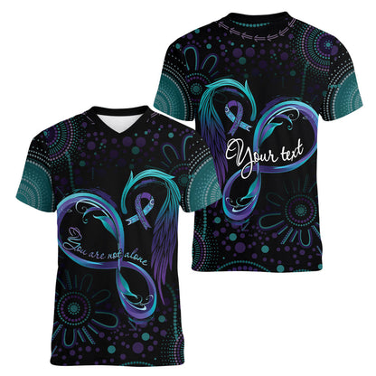 Personalized Australia Indigenous Infinity Heart Women V-Neck T-Shirt Purple Teal Ribbon You Are Not Alone