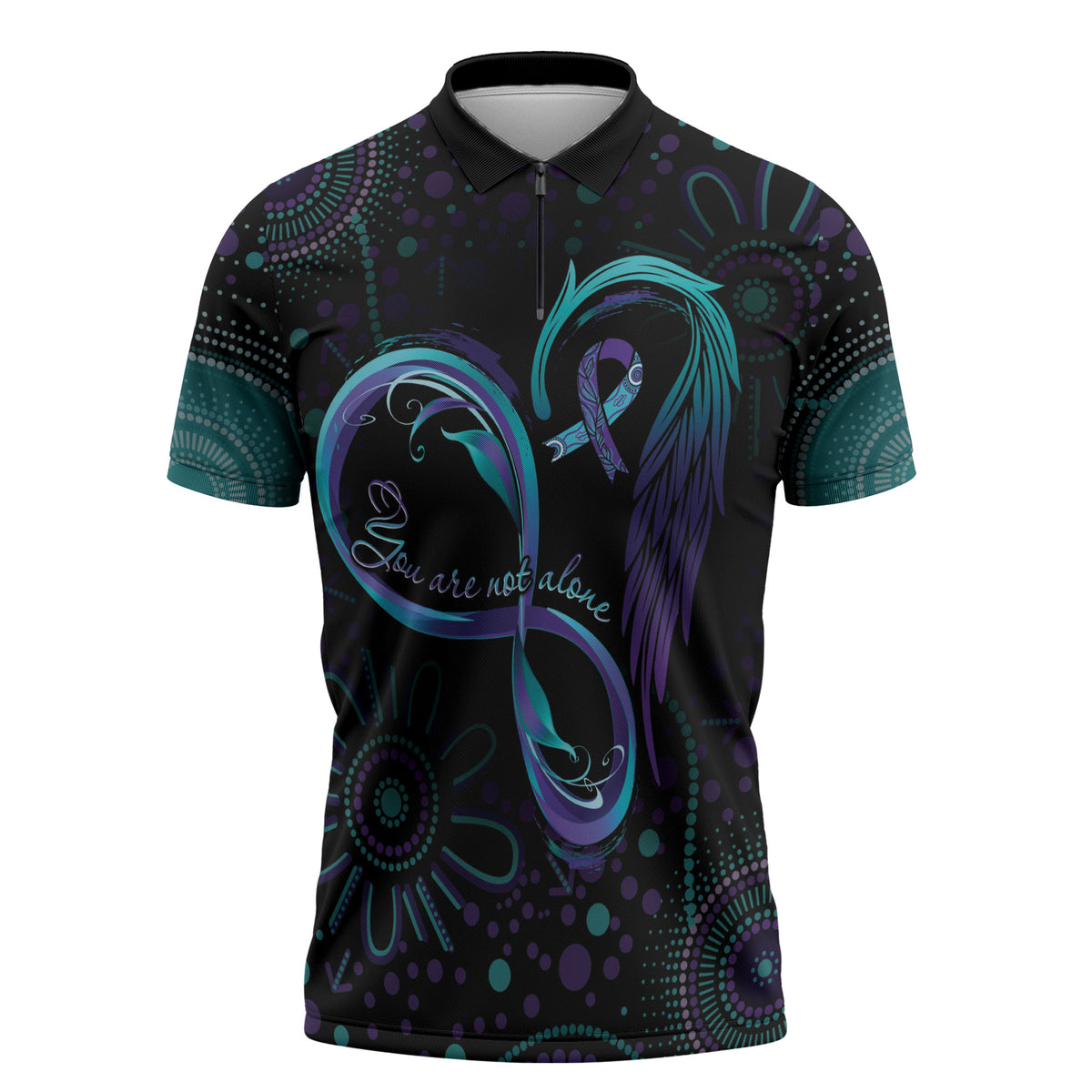 Personalized Australia Indigenous Infinity Heart Zipper Polo Shirt Purple Teal Ribbon You Are Not Alone