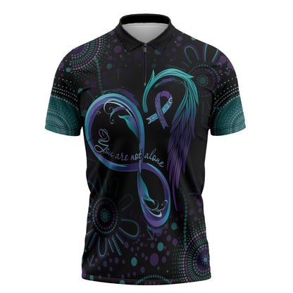 Personalized Australia Indigenous Infinity Heart Zipper Polo Shirt Purple Teal Ribbon You Are Not Alone