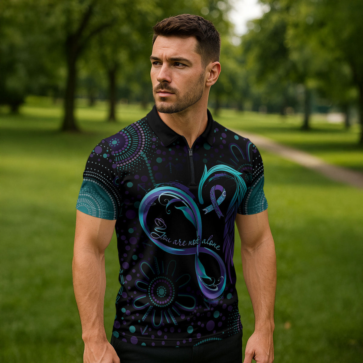 Personalized Australia Indigenous Infinity Heart Zipper Polo Shirt Purple Teal Ribbon You Are Not Alone