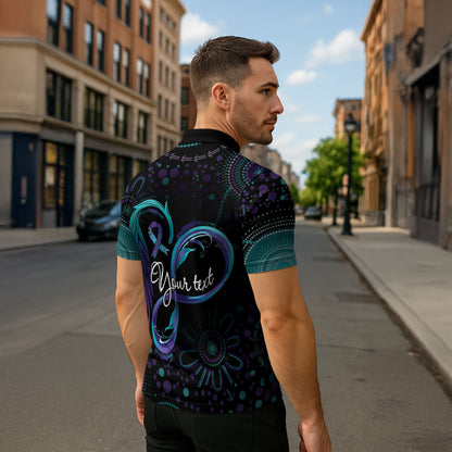 Personalized Australia Indigenous Infinity Heart Zipper Polo Shirt Purple Teal Ribbon You Are Not Alone