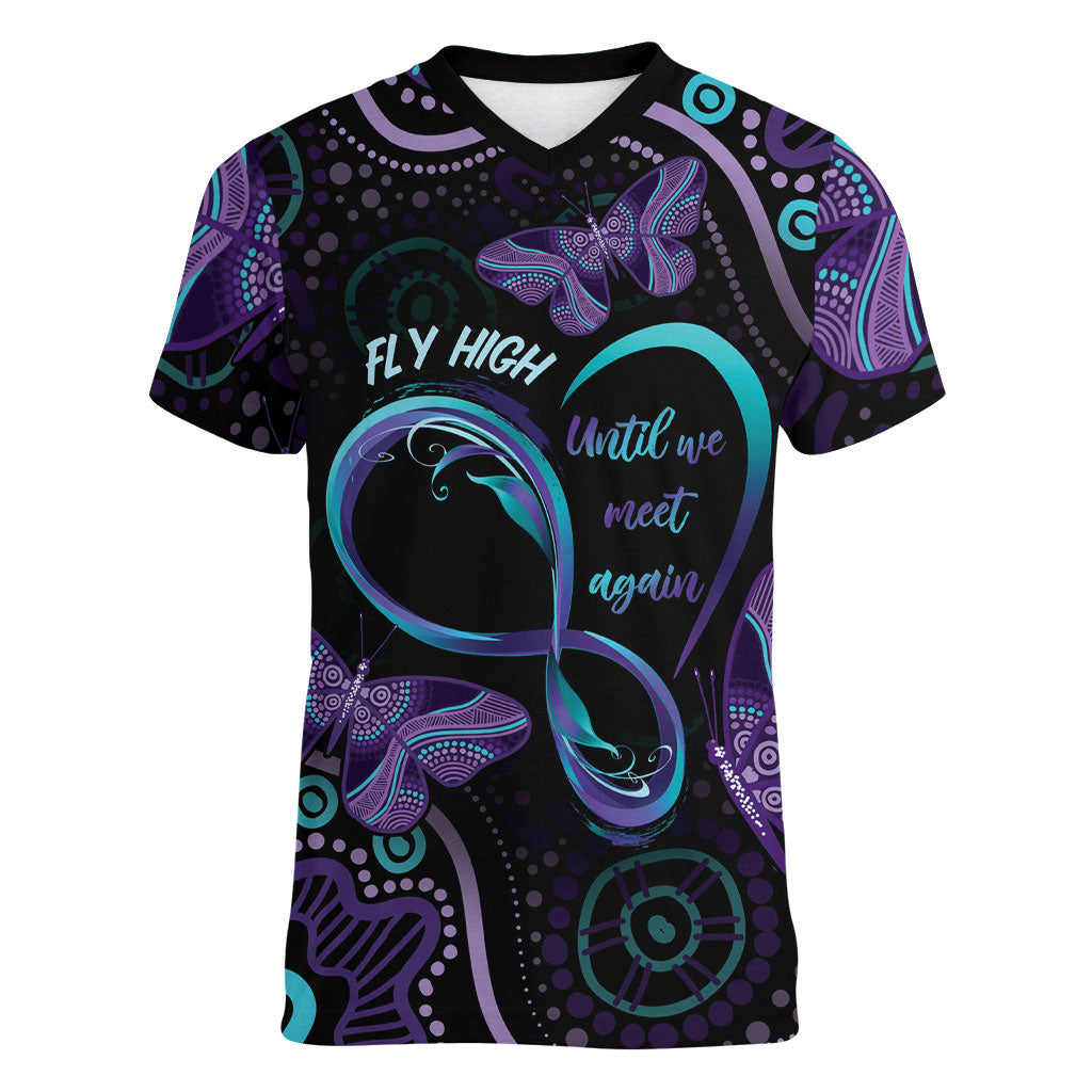 Personalized Australia Infinity Heart Indigenous Women V-Neck T-Shirt Fly High Until We Meet Again