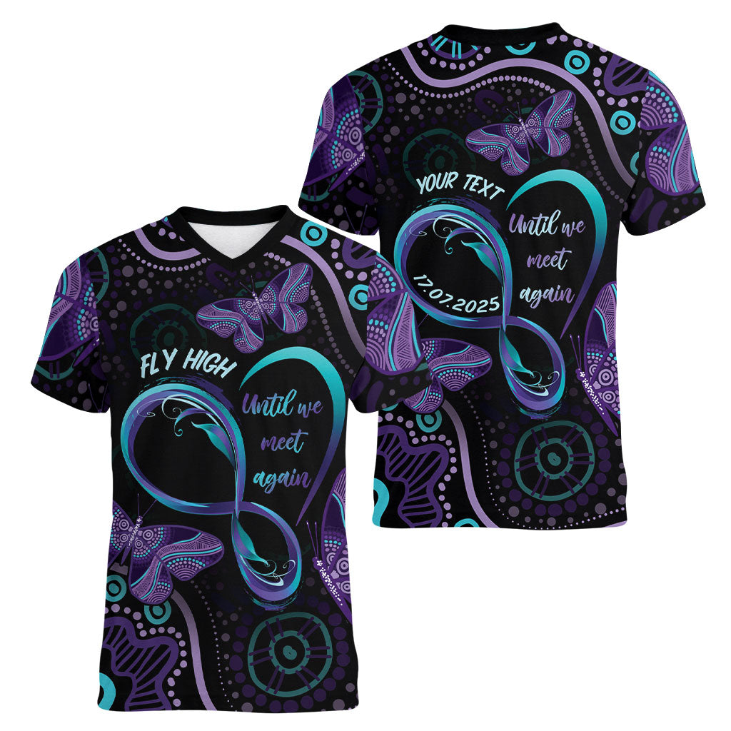 Personalized Australia Infinity Heart Indigenous Women V-Neck T-Shirt Fly High Until We Meet Again