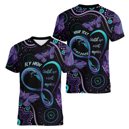 Personalized Australia Infinity Heart Indigenous Women V-Neck T-Shirt Fly High Until We Meet Again