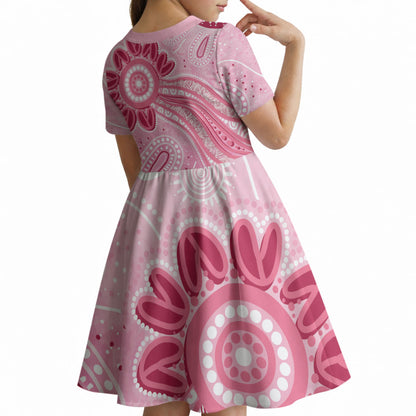 First Nation Aboriginal Dot Arts Kid Short Sleeve Dress Think Pink