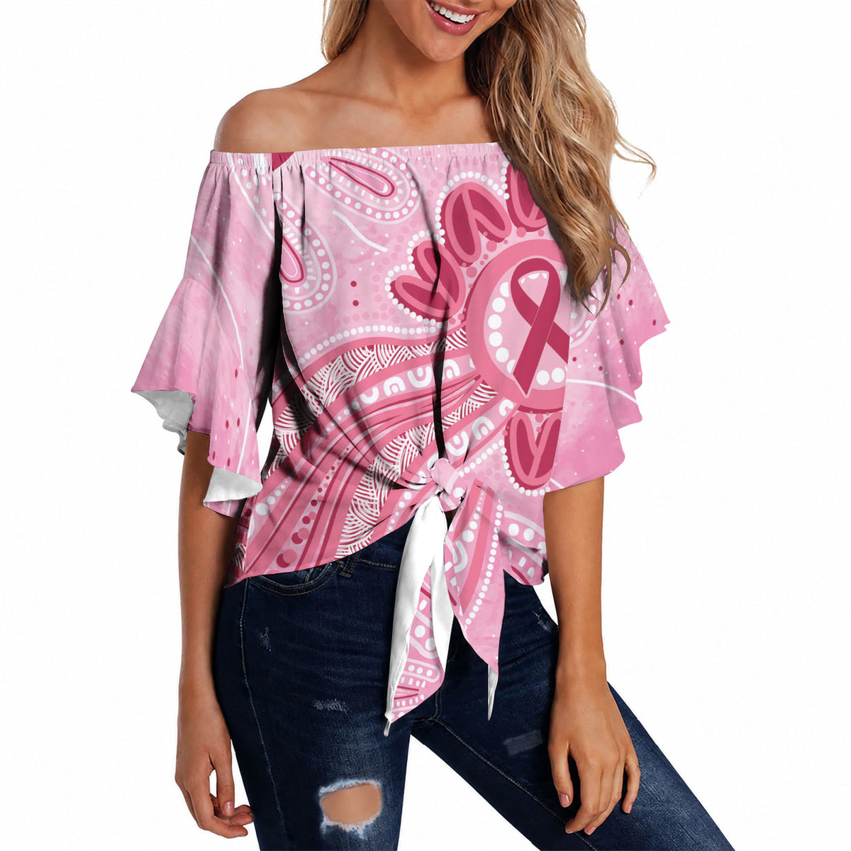 First Nation Aboriginal Dot Arts Off Shoulder Wrap Waist Top Think Pink