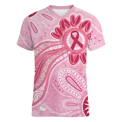 First Nation Aboriginal Dot Arts Women V-Neck T-Shirt Think Pink