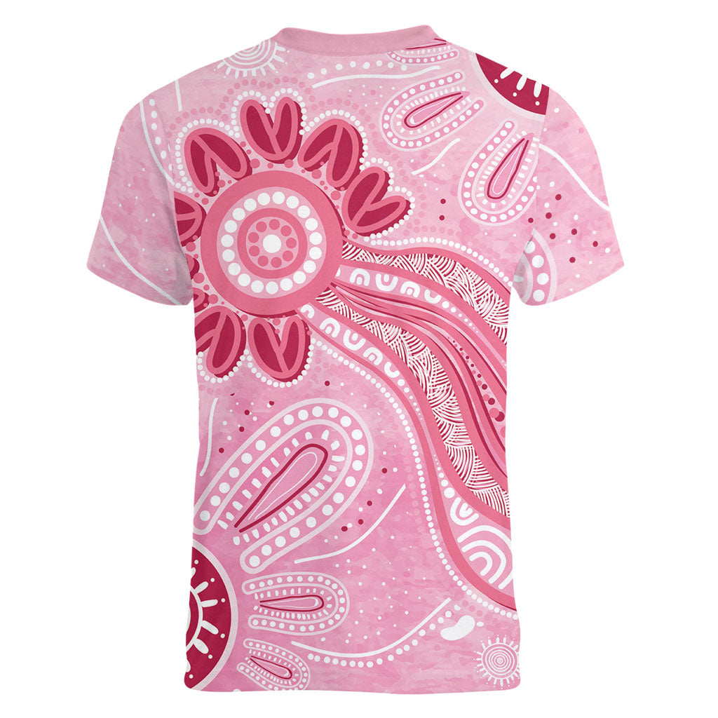 First Nation Aboriginal Dot Arts Women V-Neck T-Shirt Think Pink