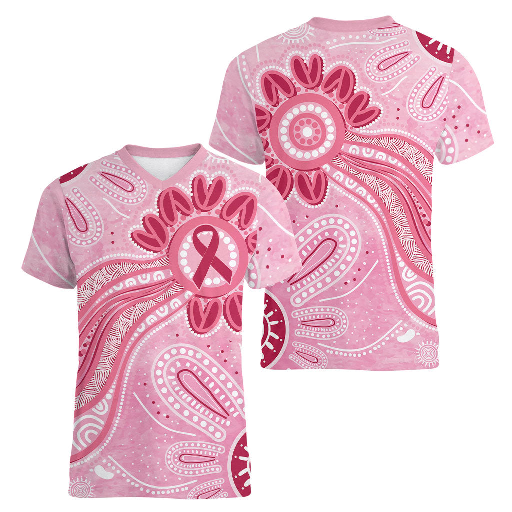 First Nation Aboriginal Dot Arts Women V-Neck T-Shirt Think Pink