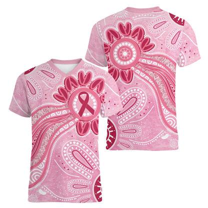 First Nation Aboriginal Dot Arts Women V-Neck T-Shirt Think Pink