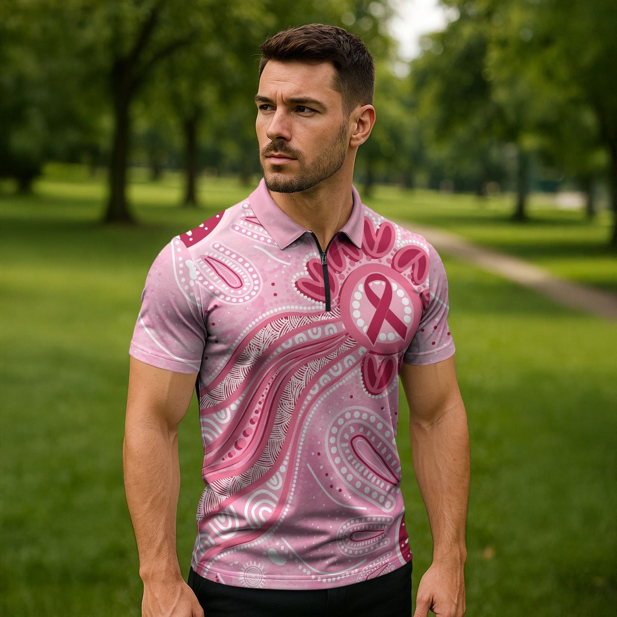 First Nation Aboriginal Dot Arts Zipper Polo Shirt Think Pink