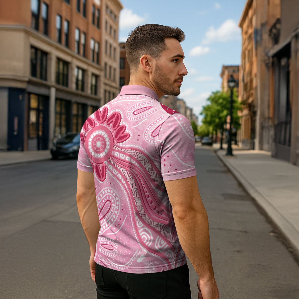 First Nation Aboriginal Dot Arts Zipper Polo Shirt Think Pink