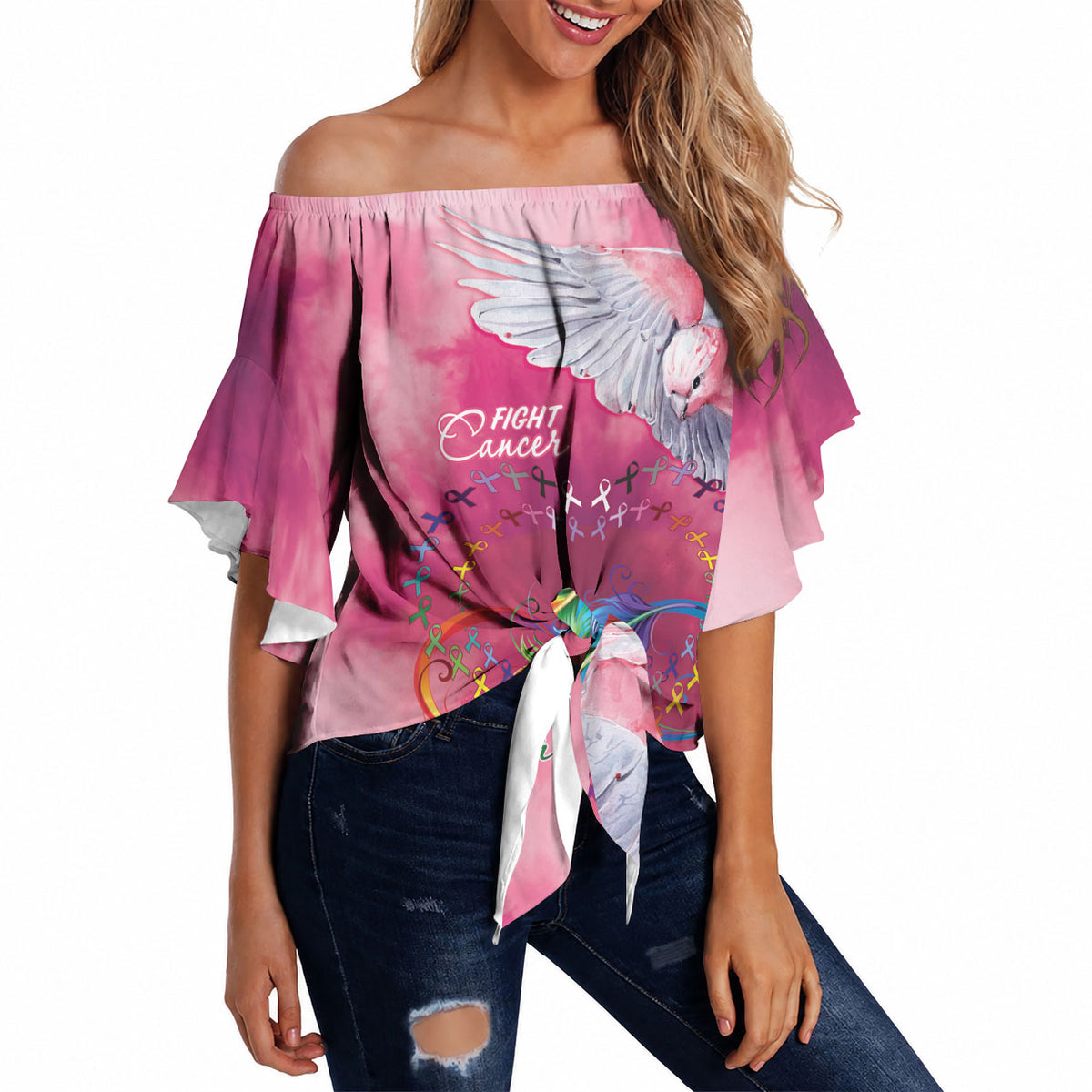 Australia Fight Cancer In All Colors Off Shoulder Wrap Waist Top Galah Pink Tie Dye