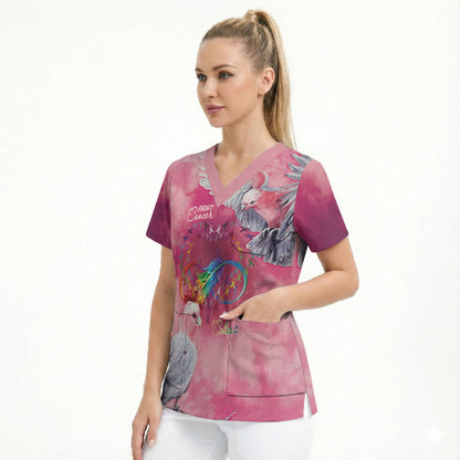 Australia Fight Cancer In All Colors Scrub Top Galah Pink Tie Dye