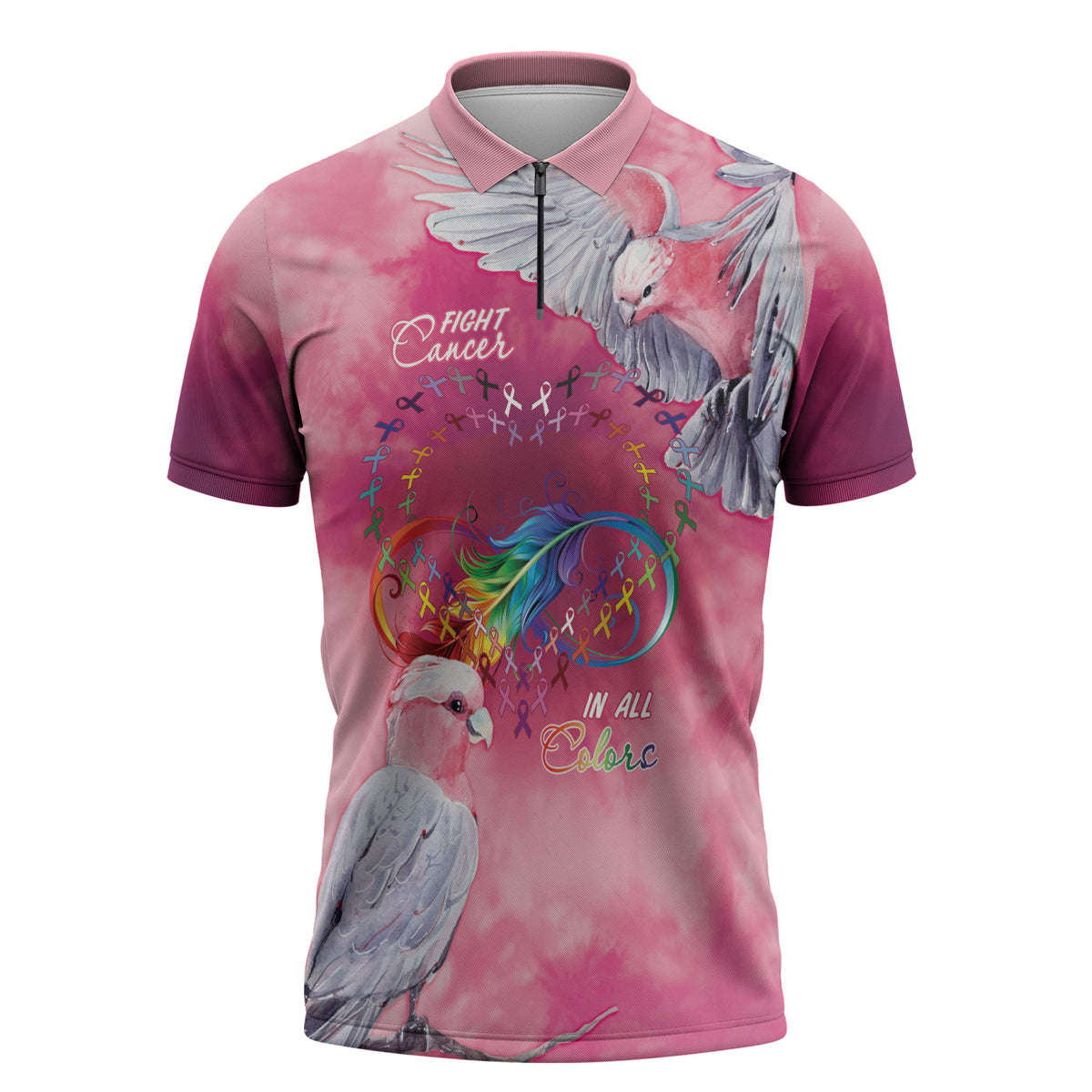 Australia Fight Cancer In All Colors Zipper Polo Shirt Galah Pink Tie Dye
