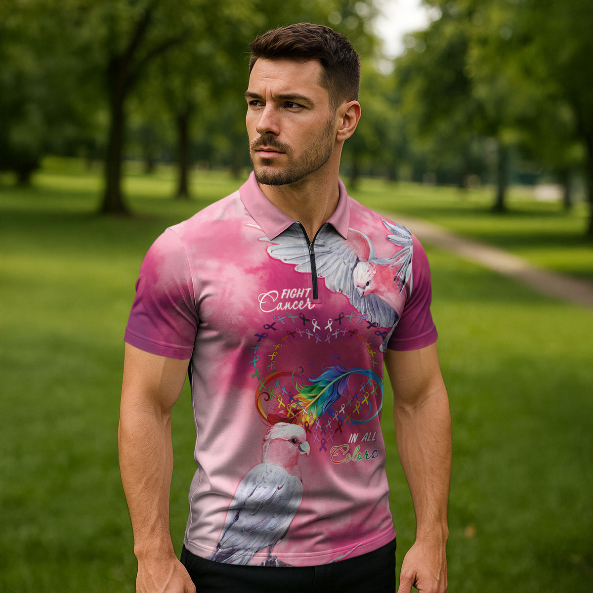 Australia Fight Cancer In All Colors Zipper Polo Shirt Galah Pink Tie Dye