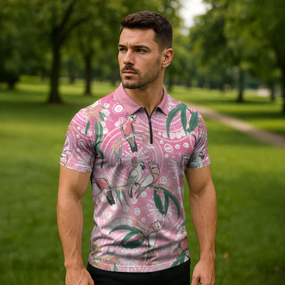 Australia Galah Aboriginal Zipper Polo Shirt Breast Cancer Month