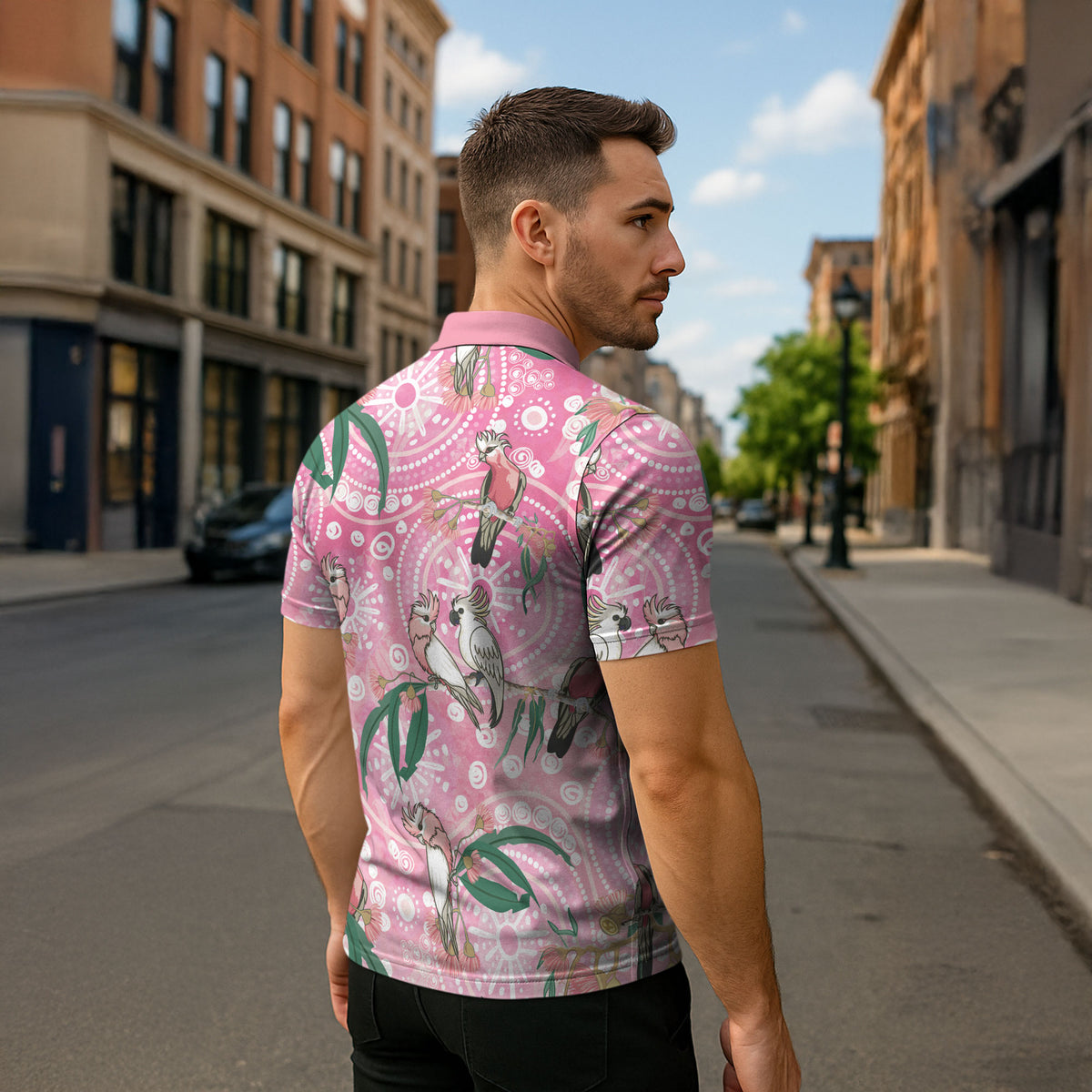 Australia Galah Aboriginal Zipper Polo Shirt Breast Cancer Month