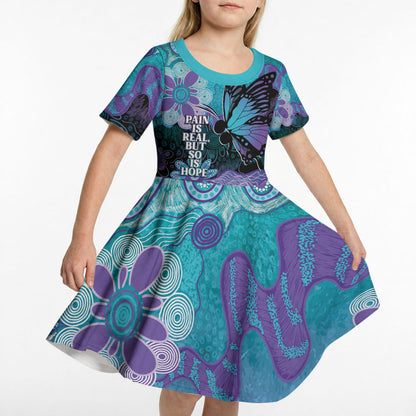 Australia Indigenous Teal Purple Contemporary Aboriginal Art Kid Short Sleeve Dress Hope Is Real