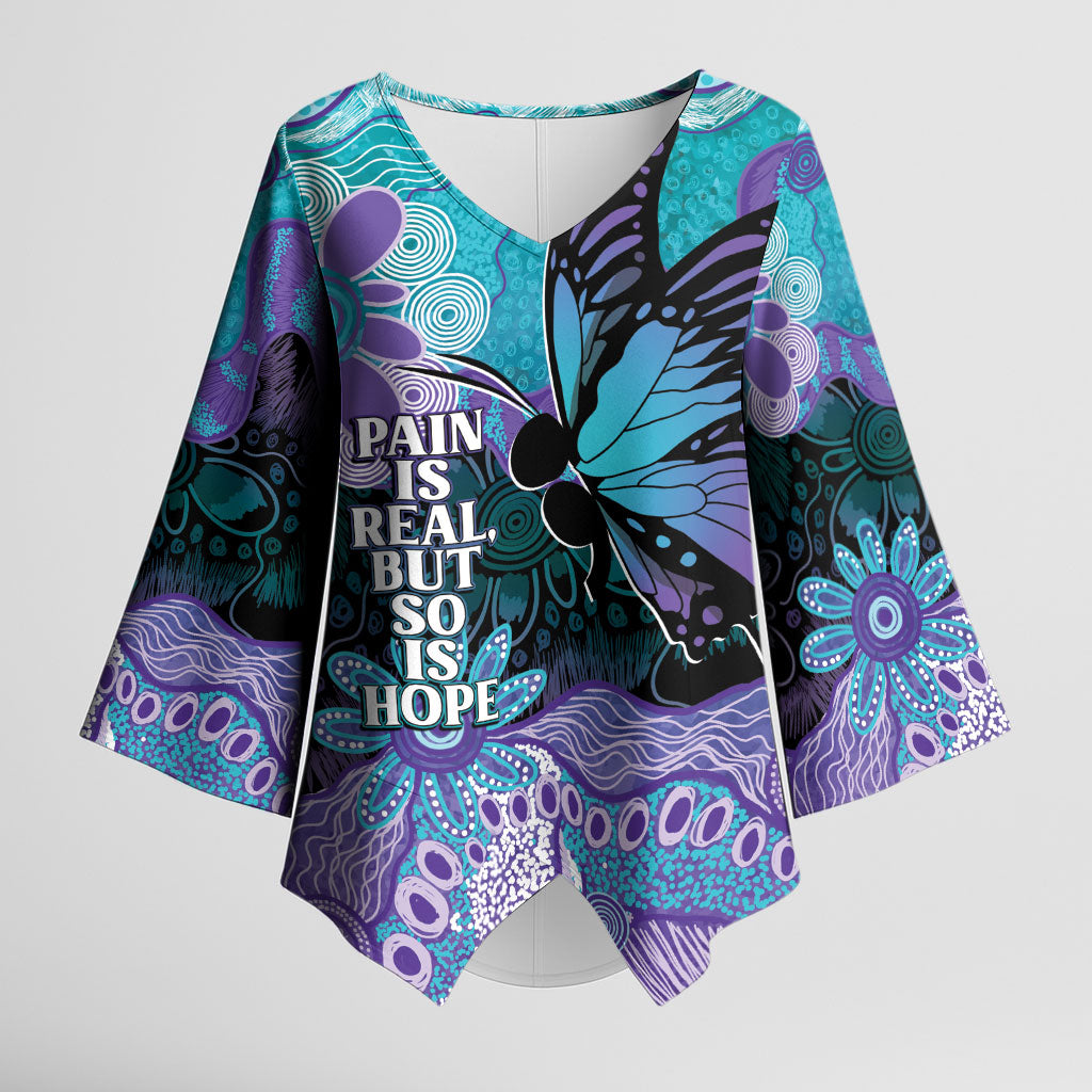 Australia Indigenous Teal Purple Contemporary Aboriginal Art Kimono Sleeve Blouse Hope Is Real