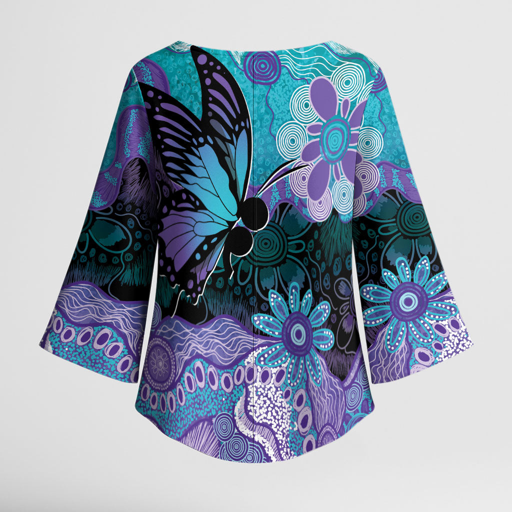 Australia Indigenous Teal Purple Contemporary Aboriginal Art Kimono Sleeve Blouse Hope Is Real