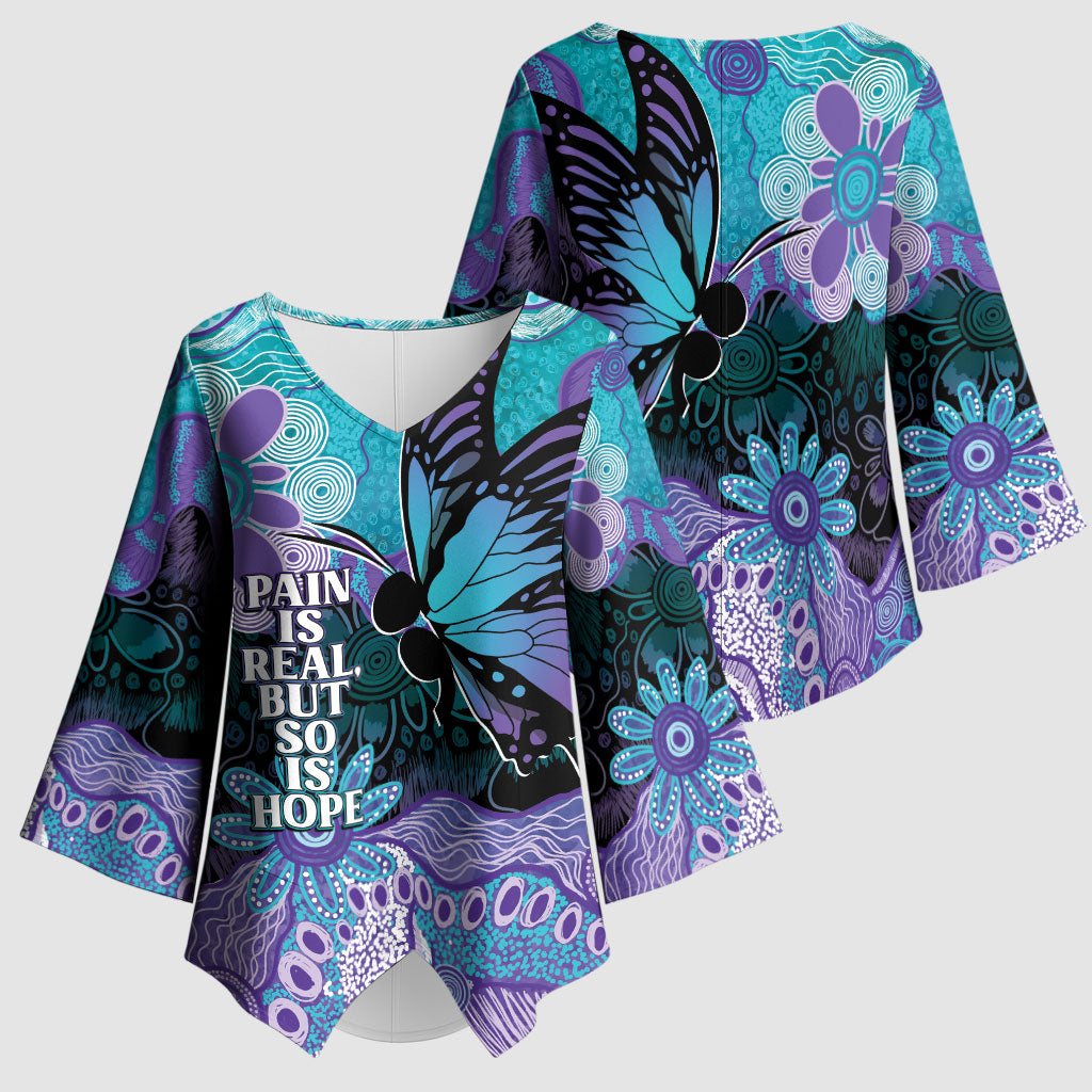 Australia Indigenous Teal Purple Contemporary Aboriginal Art Kimono Sleeve Blouse Hope Is Real