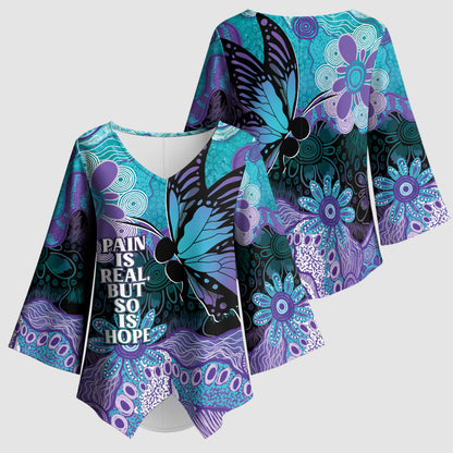 Australia Indigenous Teal Purple Contemporary Aboriginal Art Kimono Sleeve Blouse Hope Is Real