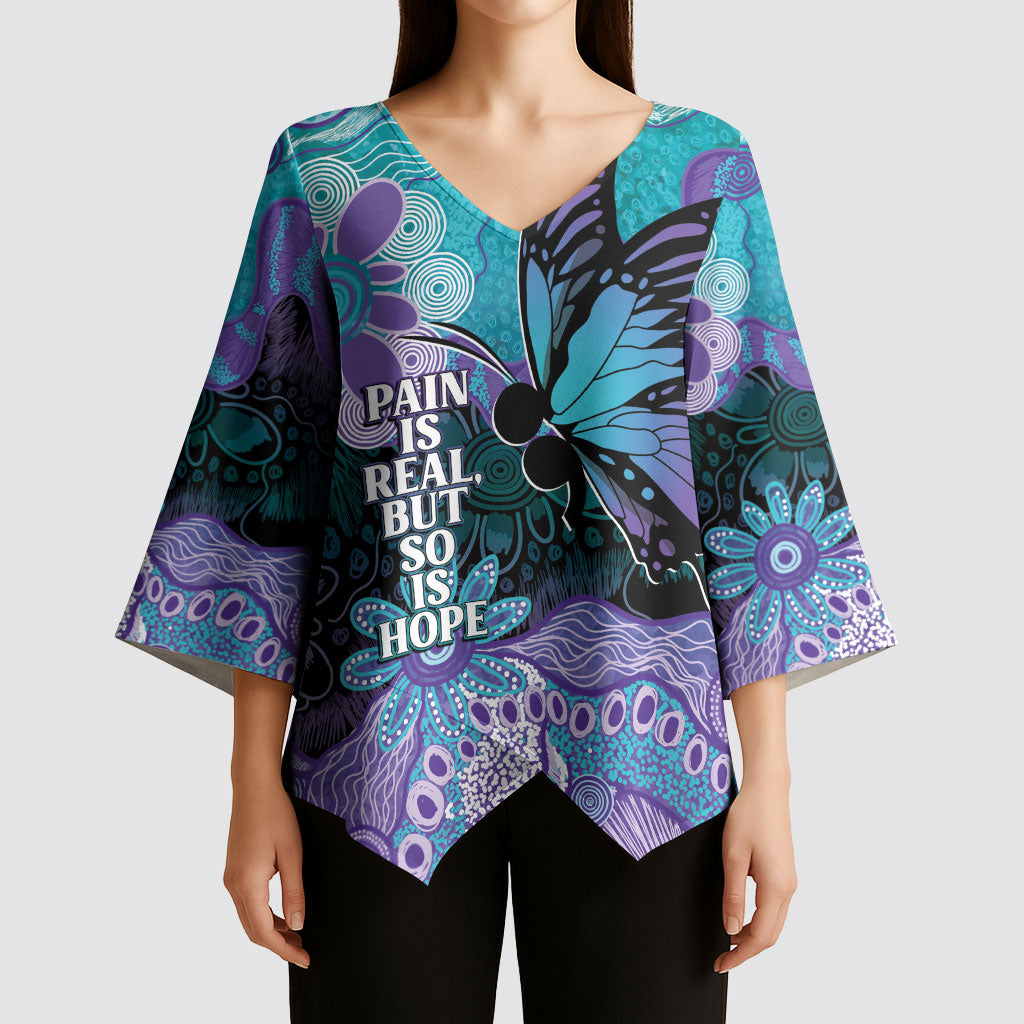 Australia Indigenous Teal Purple Contemporary Aboriginal Art Kimono Sleeve Blouse Hope Is Real