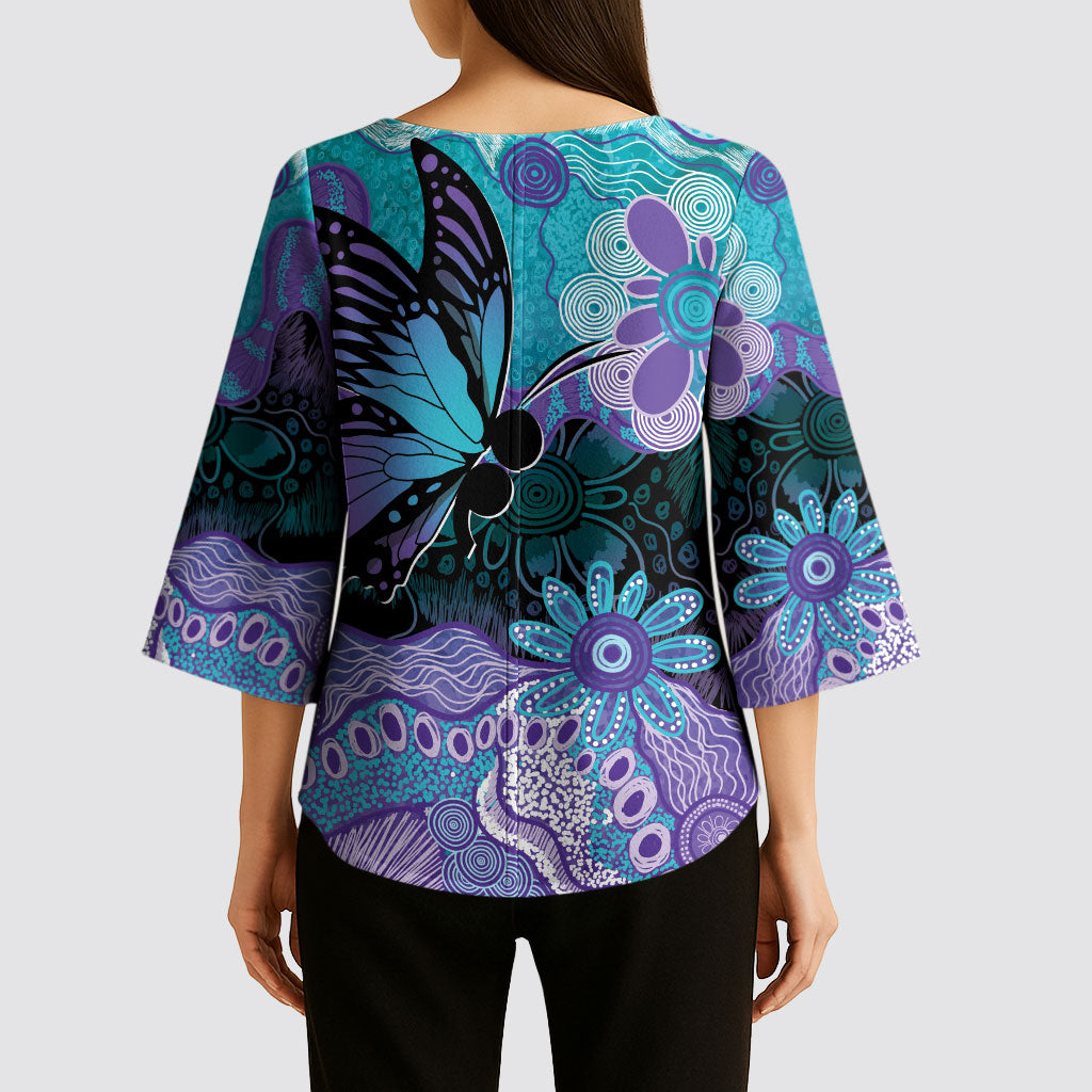 Australia Indigenous Teal Purple Contemporary Aboriginal Art Kimono Sleeve Blouse Hope Is Real