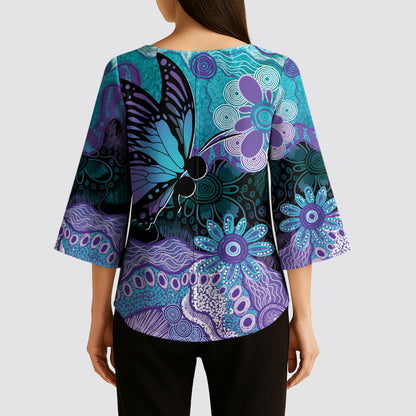 Australia Indigenous Teal Purple Contemporary Aboriginal Art Kimono Sleeve Blouse Hope Is Real