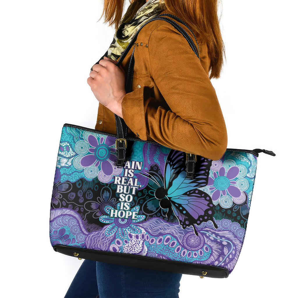 Australia Indigenous Teal Purple Contemporary Aboriginal Art Leather Tote Bag Hope Is Real