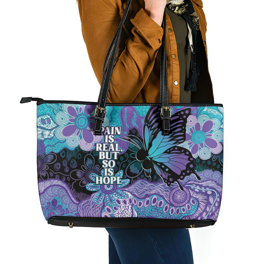 Australia Indigenous Teal Purple Contemporary Aboriginal Art Leather Tote Bag Hope Is Real