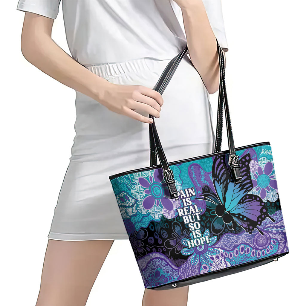 Australia Indigenous Teal Purple Contemporary Aboriginal Art Leather Tote Bag Hope Is Real