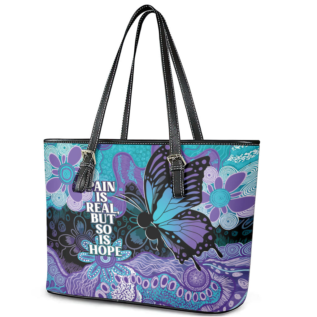 Australia Indigenous Teal Purple Contemporary Aboriginal Art Leather Tote Bag Hope Is Real
