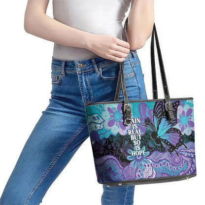 Australia Indigenous Teal Purple Contemporary Aboriginal Art Leather Tote Bag Hope Is Real