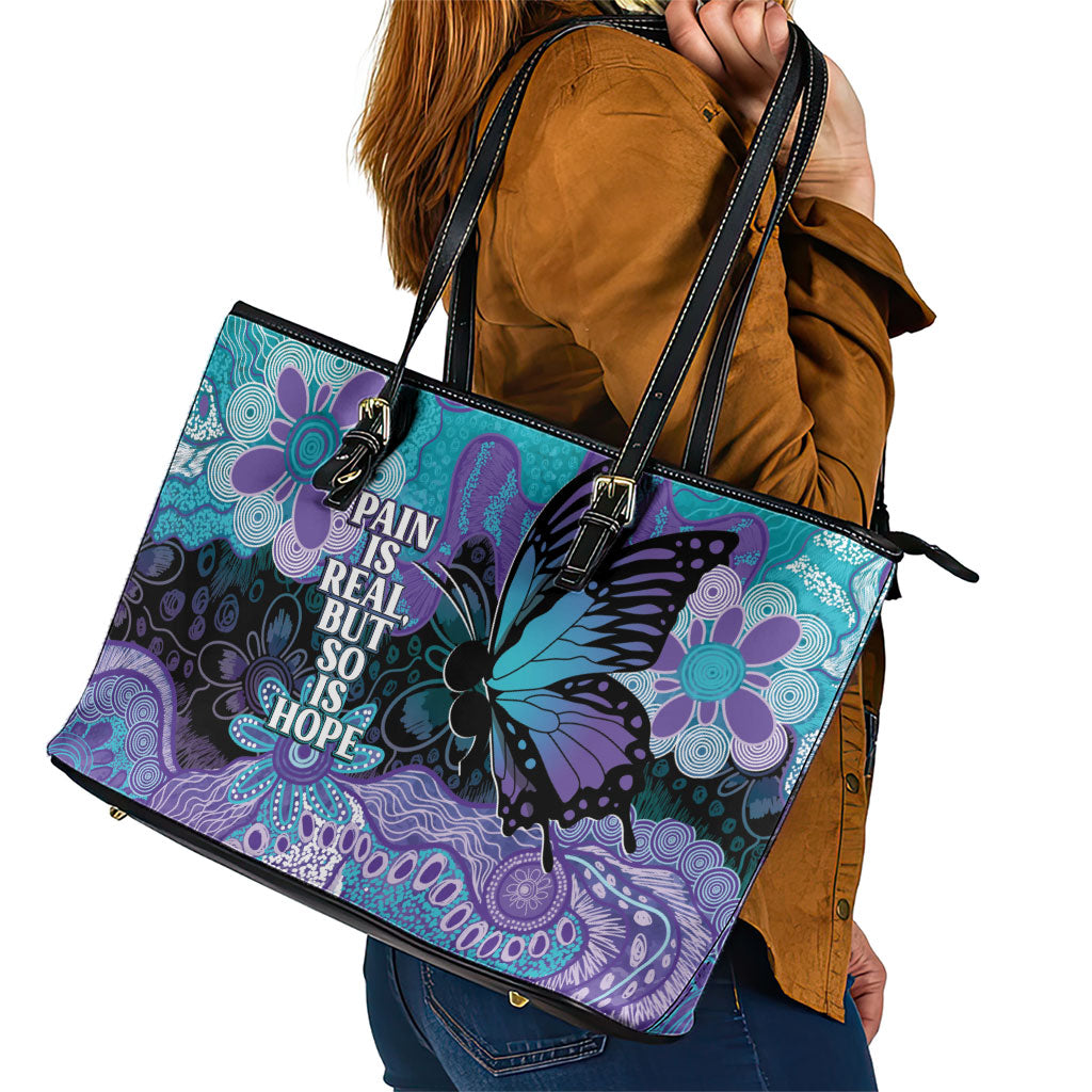 Australia Indigenous Teal Purple Contemporary Aboriginal Art Leather Tote Bag Hope Is Real